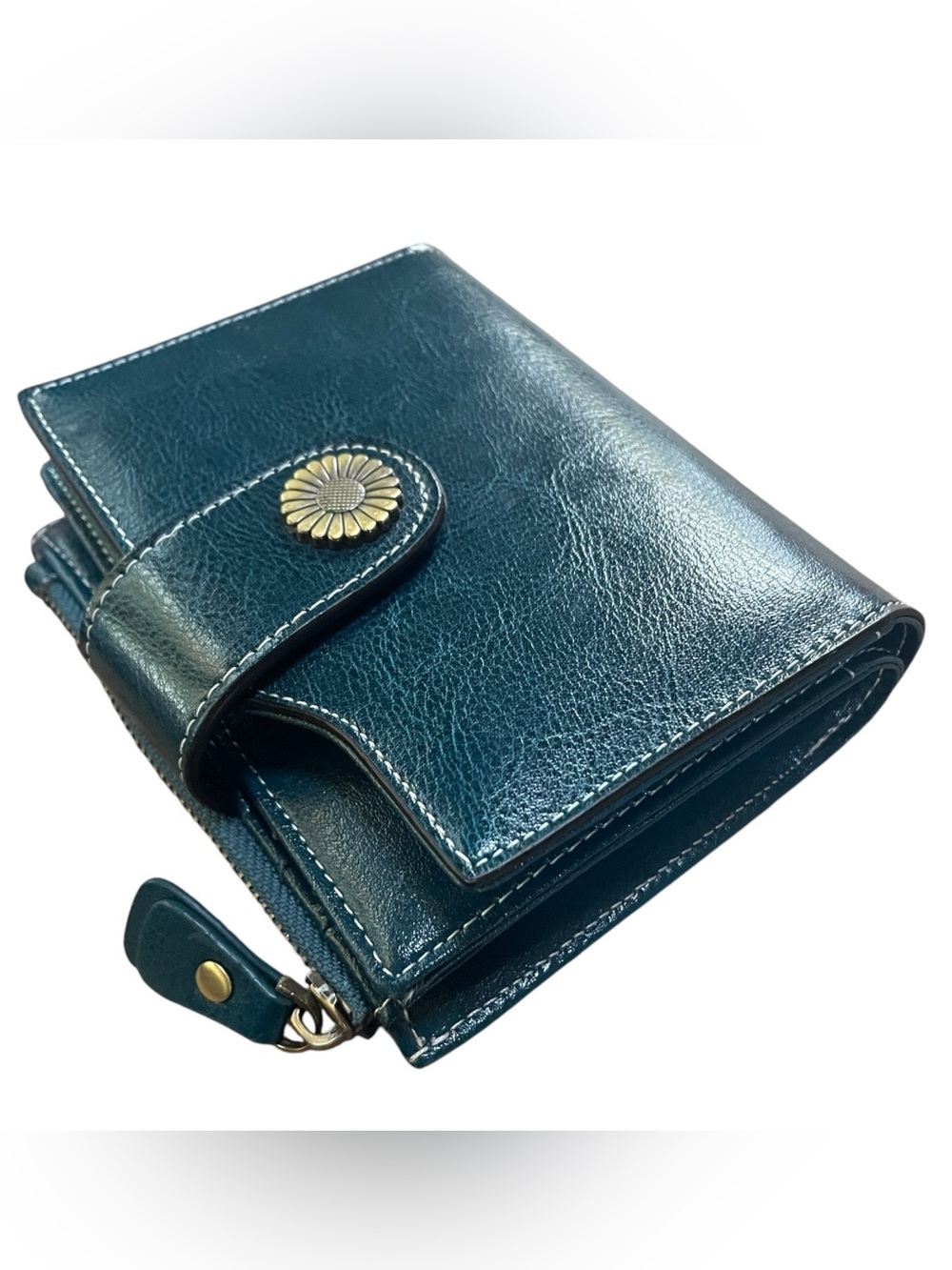 Lovely Teal Blue Leather Organizer Wallet With Metal Daisy Snap By Sendefn